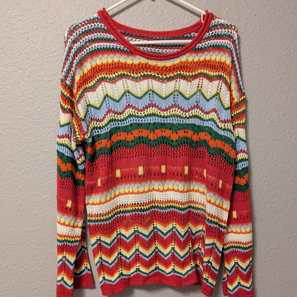 NEW Red Rainbow Multicolor Striped Hollowed Knit Women's Sweater Loose Sleeve M - Picture 7 of 7